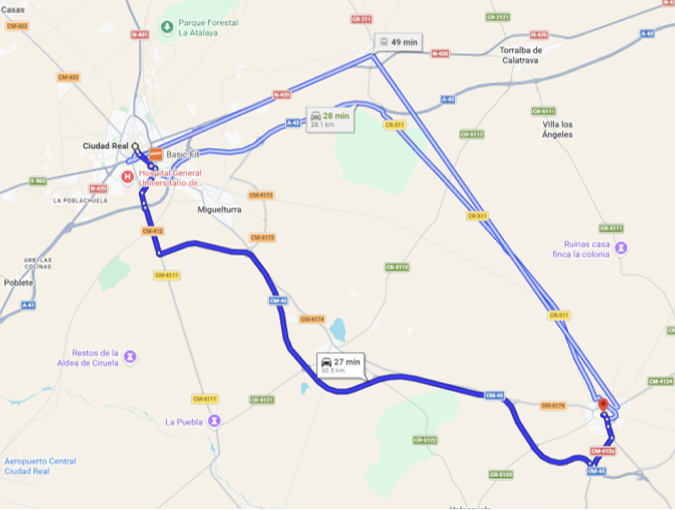 Map Ciudad Real to Almagro